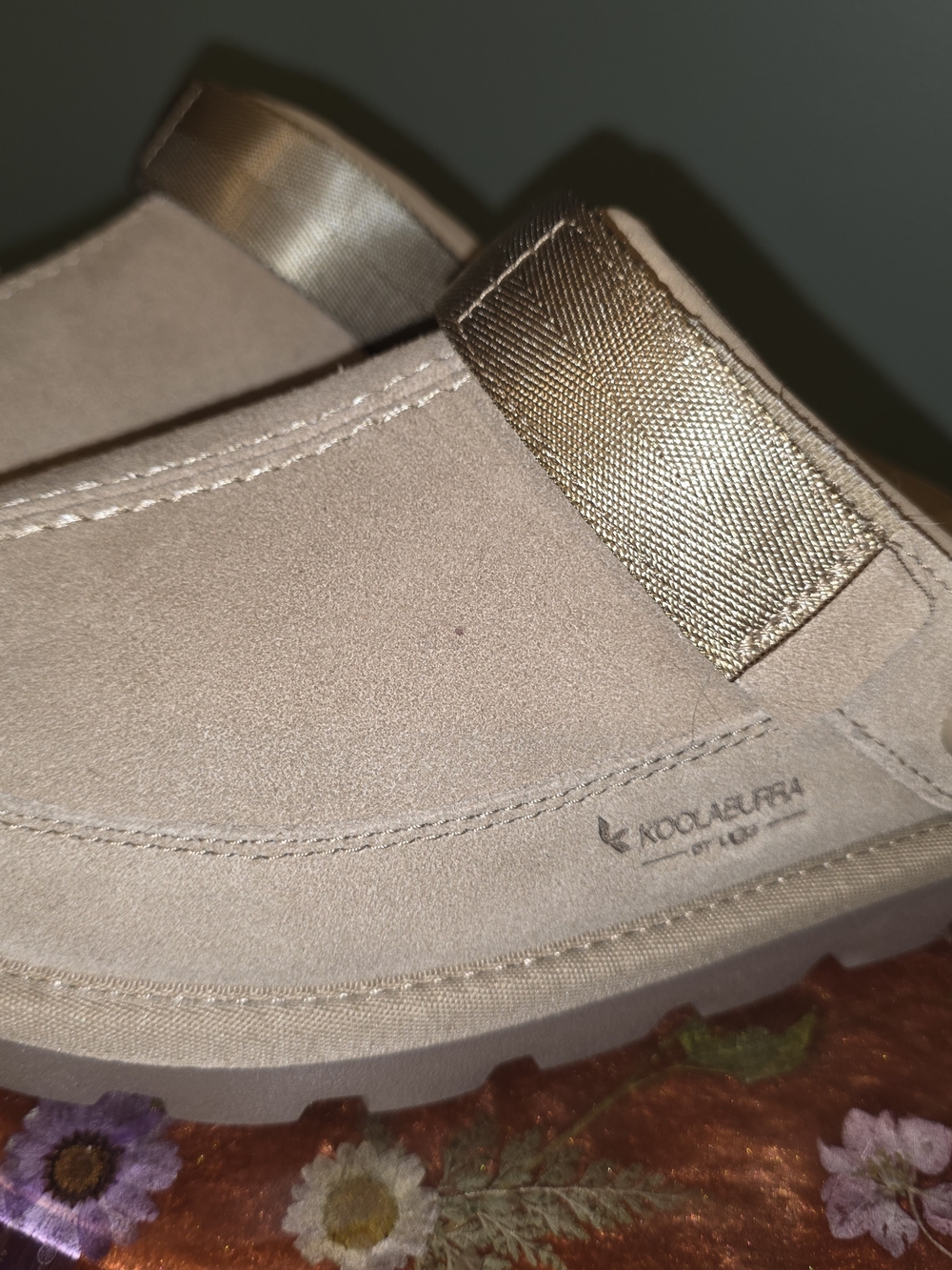 Koolaburra Tan Suede Mules with Metallic Gold Strap